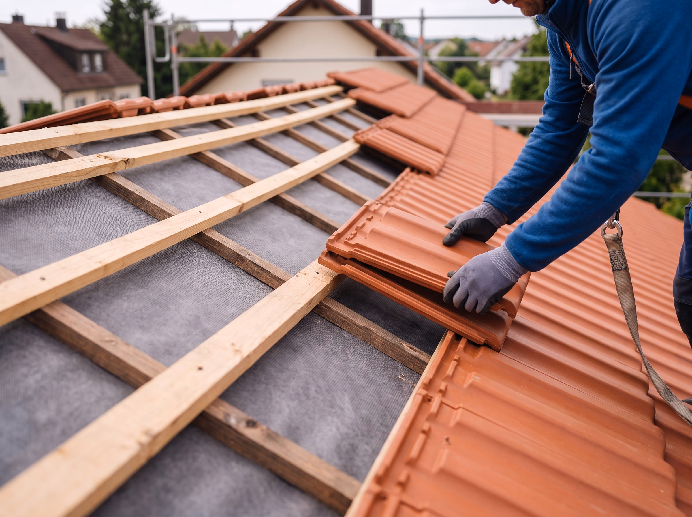 Dachdecker legt einen Tonziegel in die Lattung eines Steildachs