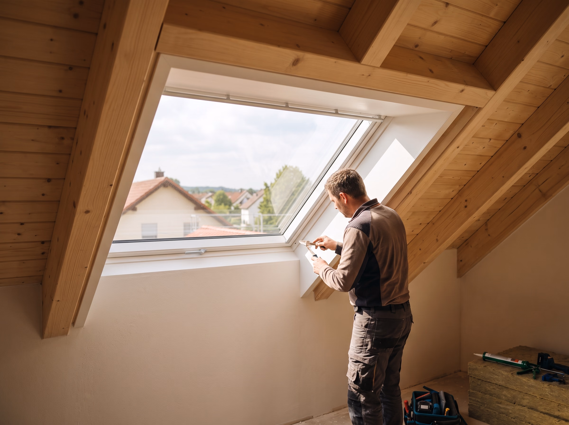 Neu eingebautes Dachfenster von innen, Tageslicht fällt in einen ausgebauten Dachboden