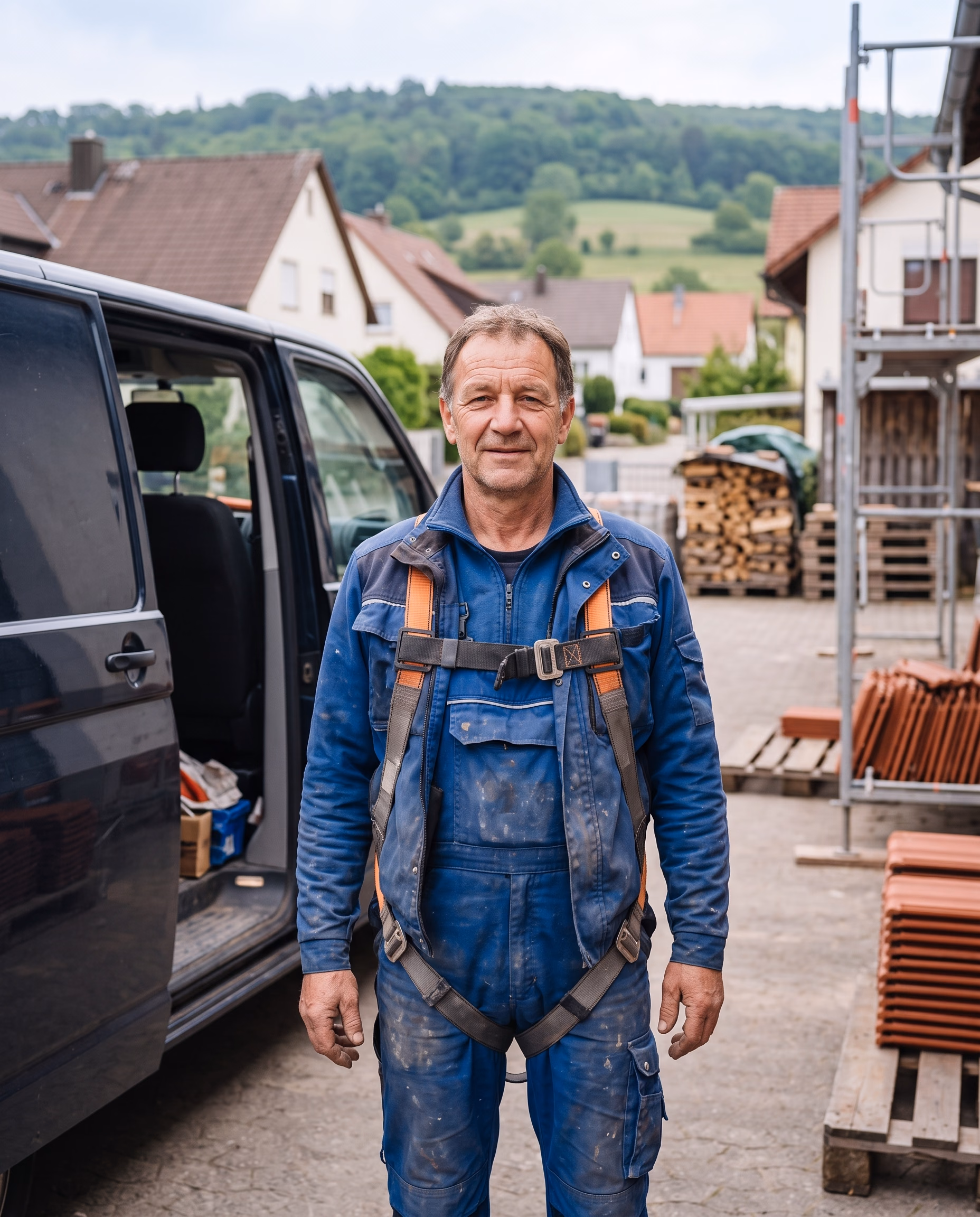 Stefan Brandhuber, Dachdeckermeister, vor dem Firmenfahrzeug